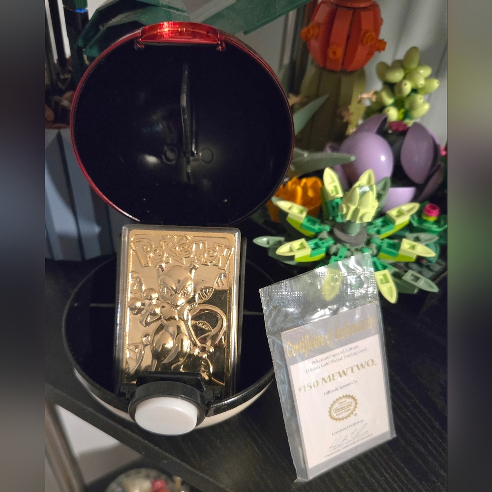 Pokemon Gold Mewtwo Card in Black and Red Pokeball Display